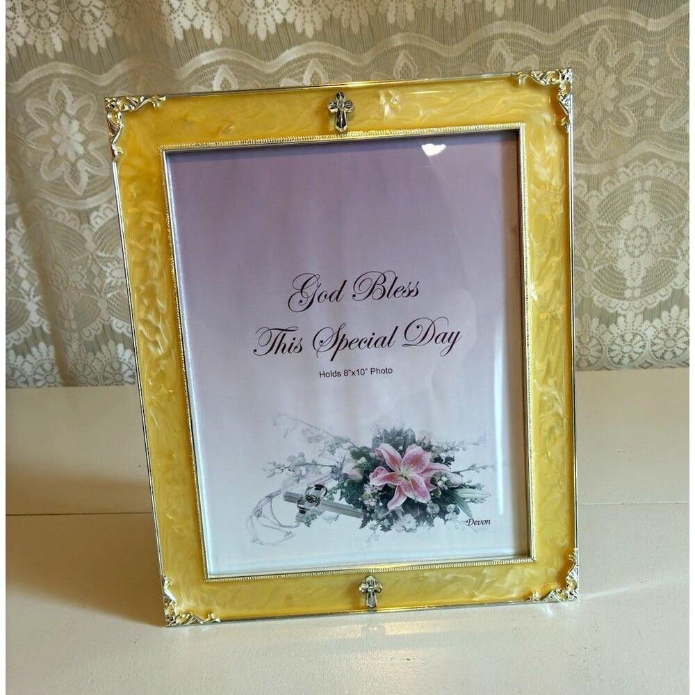 Vintage God Bless | 8x10 Yellow Metal Ornate Frame | Cross Christian 80s 90s Y2K